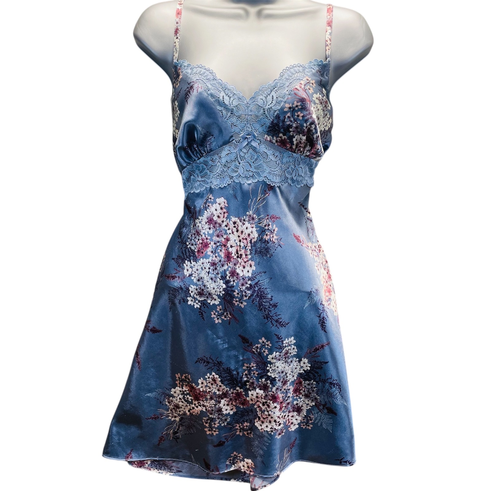 Thalia Sodi Women Chemise Satin Floral Blue Medium Lace Trim Nightgown Sleepwear